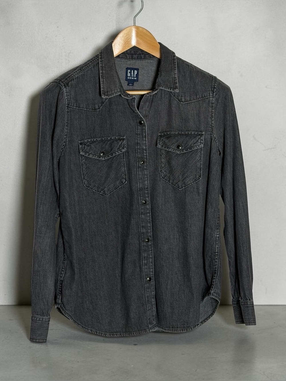 Gap Black Denim Snap Button Up, Women's, Size Large, 100% Cotton